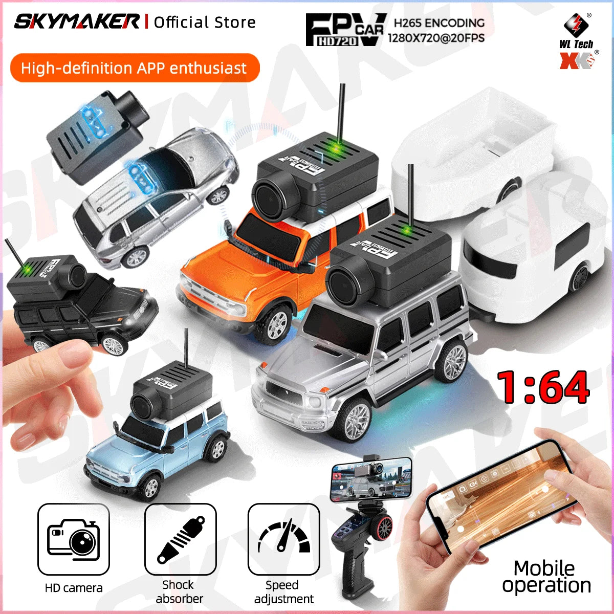 FPV Mini Car Toy – 1:64 RC Camera Car with LED Ambient Lights