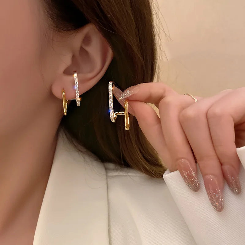 2024 New U-Shaped Gold Earrings with Crystals – Unique Korean Fashion for Women