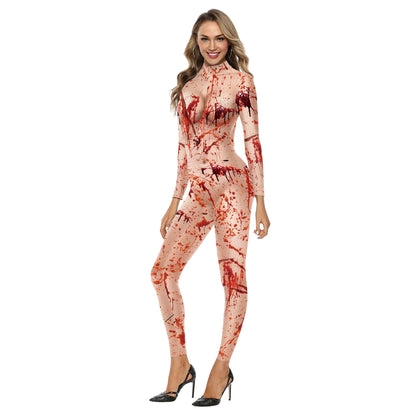 Scary Nurse Cosplay Costume – Blood-Print Slim Bodysuit for Party