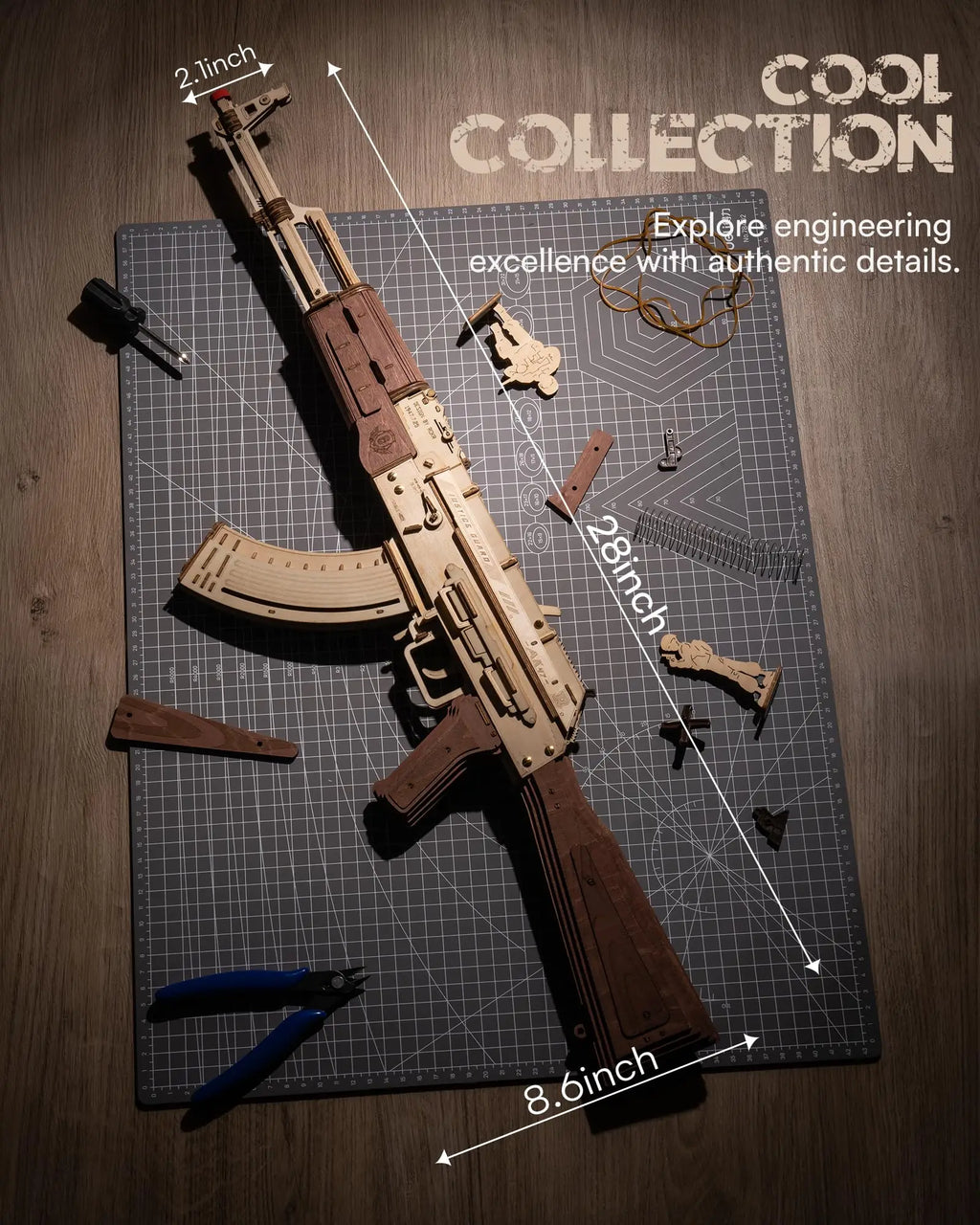 Robotime Rokr AK47 3D wooden gun DIY building block toy for kids and adults, detailed with realistic rifle design and wooden texture.