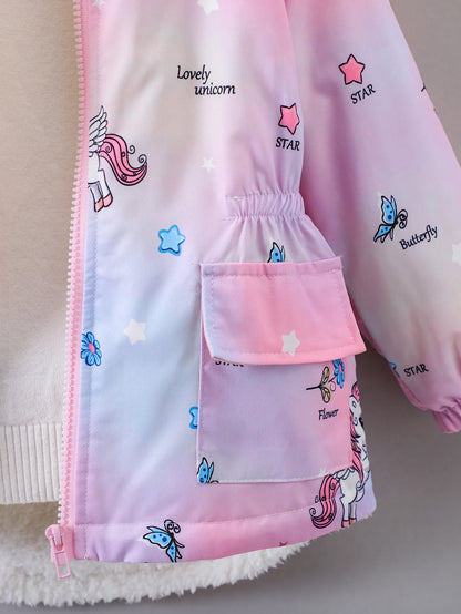 Girls’ Plush Hooded Coat – Cartoon Print & Zipper