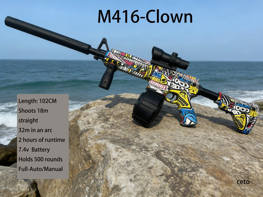 Ultra Shoppings M416 Gel Ball Blaster Gun with long-range design, 7.4V battery, and safe gel beads for outdoor team battles.