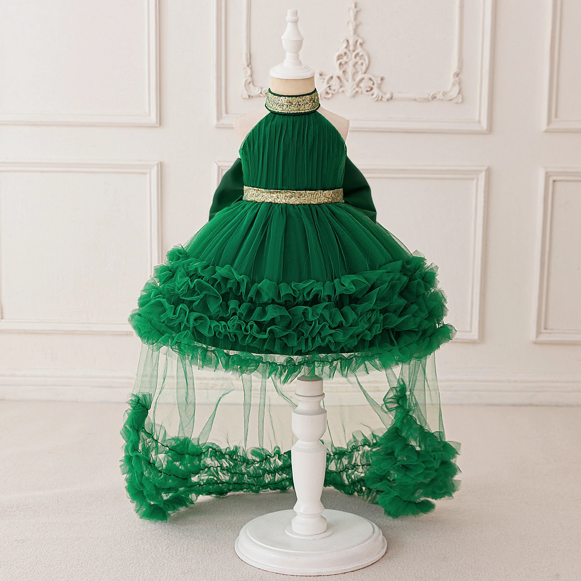 Elegant Baby Party Dress – Sequin Princess Gown with Big Bow & Train