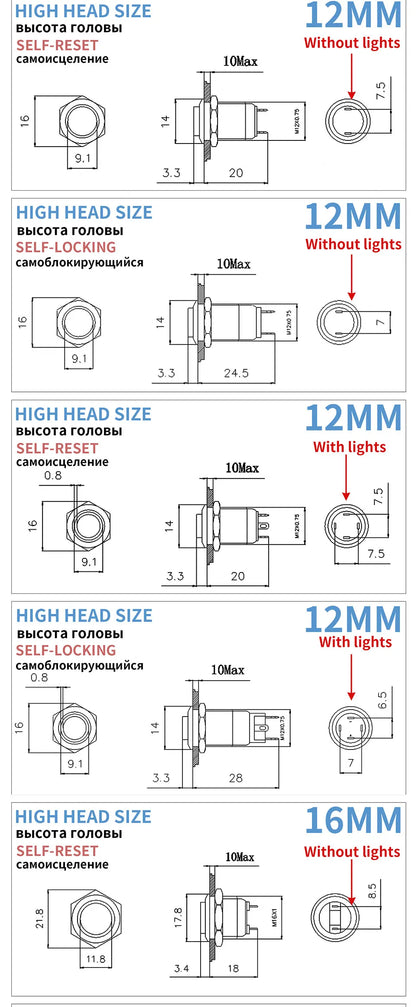 1NO High-Head Waterproof Metal Push Button Switch – LED Light, Self-Locking, 8-16mm