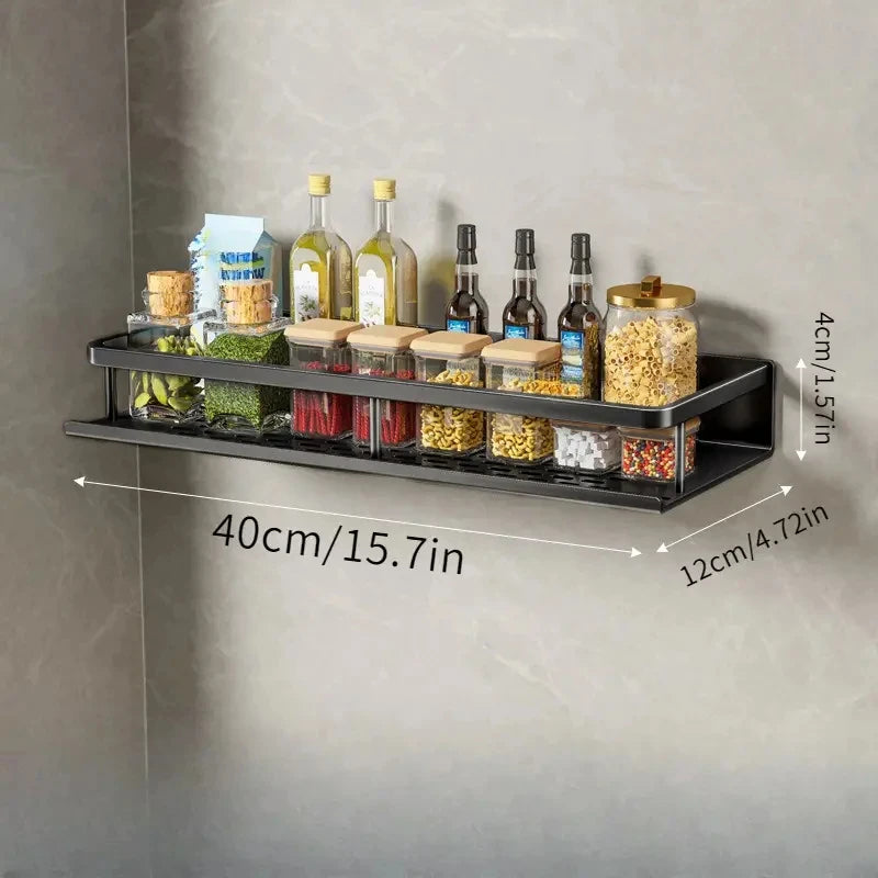 Wall-Mounted Kitchen Shelf & Spice Rack – Storage with Hooks & Towel Bar