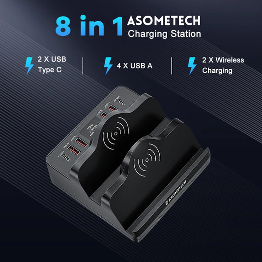 110W 6-Port USB Charging Station – Dual Fast Wireless & 65W PD Quick Charge