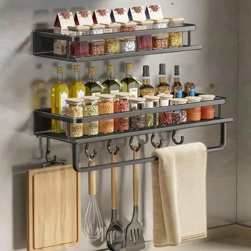 Wall-Mounted Kitchen Shelf & Spice Rack – Storage with Hooks & Towel Bar