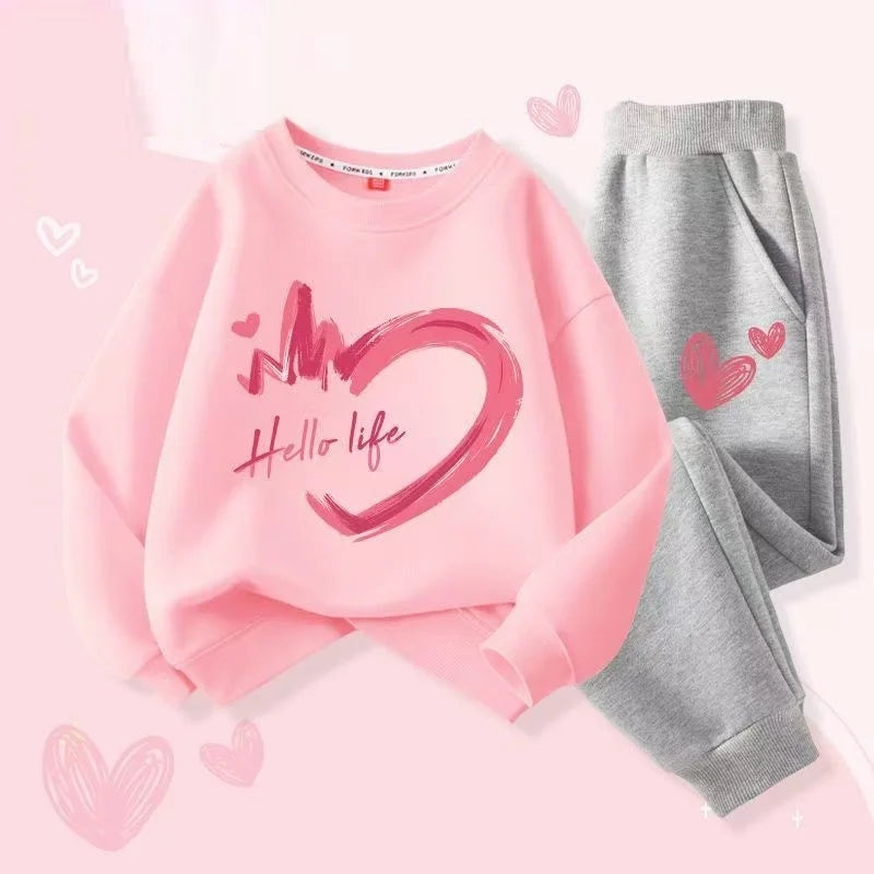 Heart Print Tracksuit: Sweet & Stylish for Little Girls