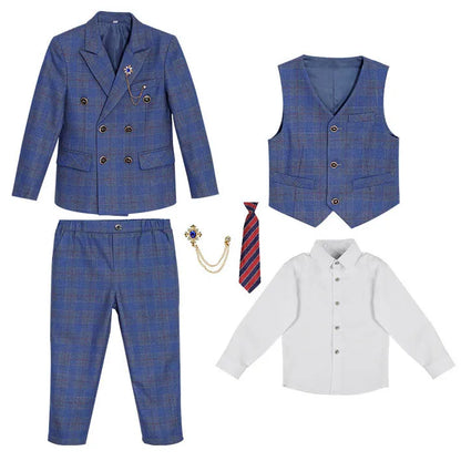 Boys’ 3-Piece Plaid Suit – Blazer, Vest & Pants (1–14Y)