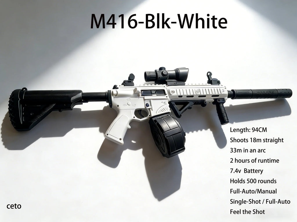 Ultra Shoppings M416 Gel Ball Blaster Gun with 30m range, 7.4V battery, safe gel beads, and cool design for outdoor team battles.
