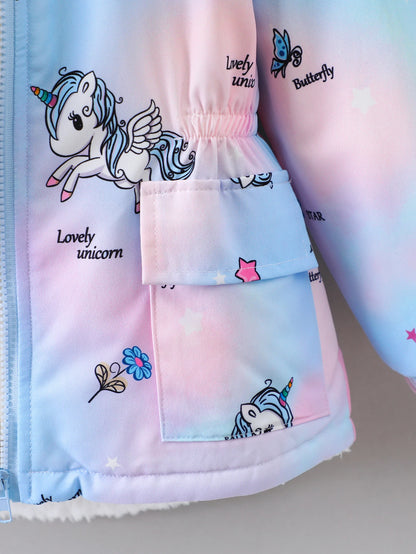 Girls’ Plush Hooded Coat – Cartoon Print & Zipper