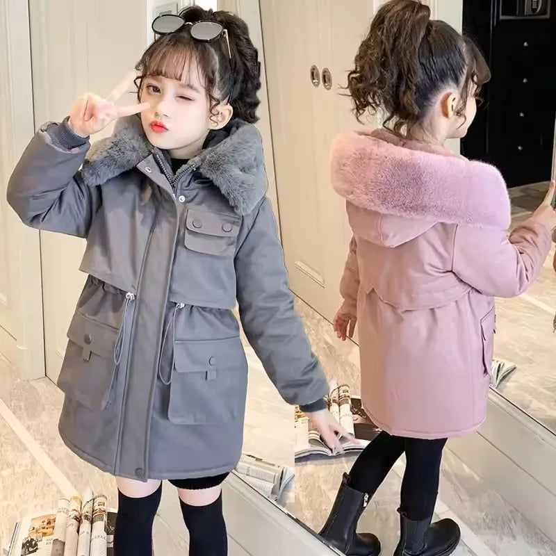 Teen Girls’ Winter Coat – Fur Collar Velvet Jacket with Hood