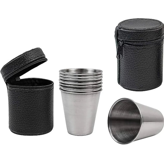 4-piece outdoor stainless steel water glass with black leather carrying case