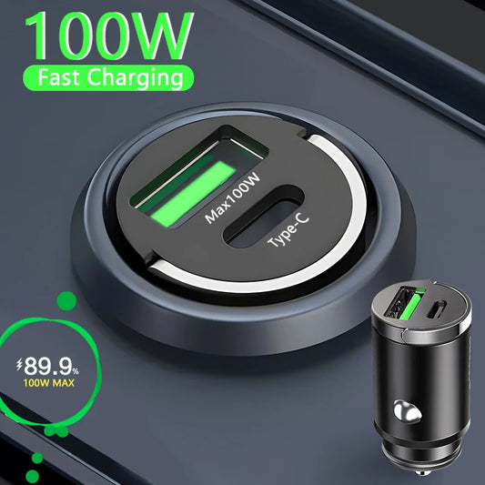 100W Mini Car Charger – Fast QC3.0 & PD USB-C Charging for iPhone & More