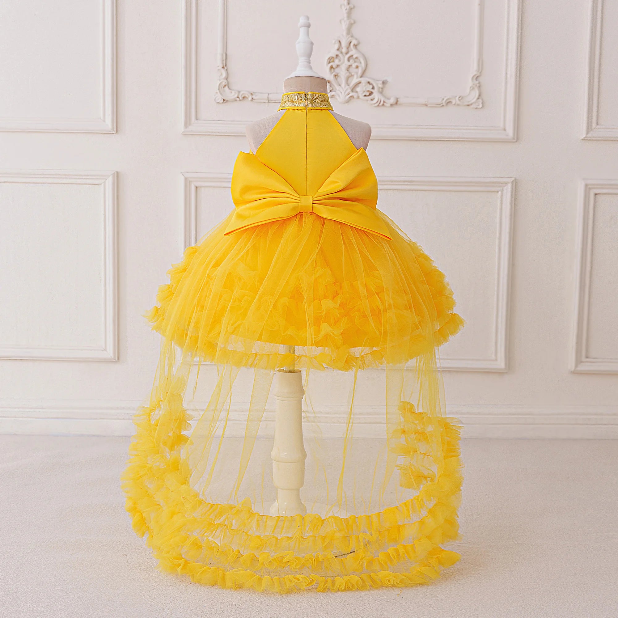 Elegant Baby Party Dress – Sequin Princess Gown with Big Bow & Train