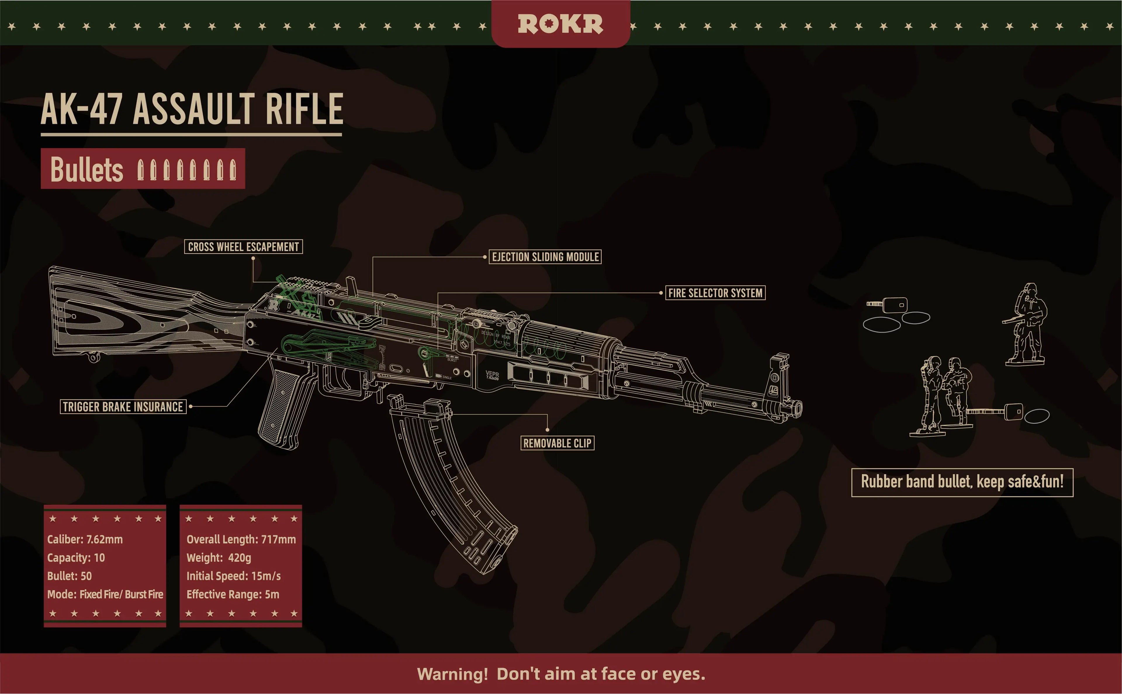 Robotime Rokr AK47 3D wooden gun building block toy with detailed design, suitable for kids and adults, justice guard-themed puzzle.