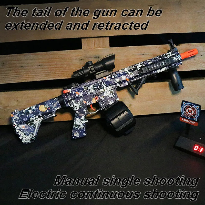 Ultra Shoppings M416 Electric Ball Blaster toy gun with manual and automatic modes, ideal for outdoor shooting games and festive occasions.