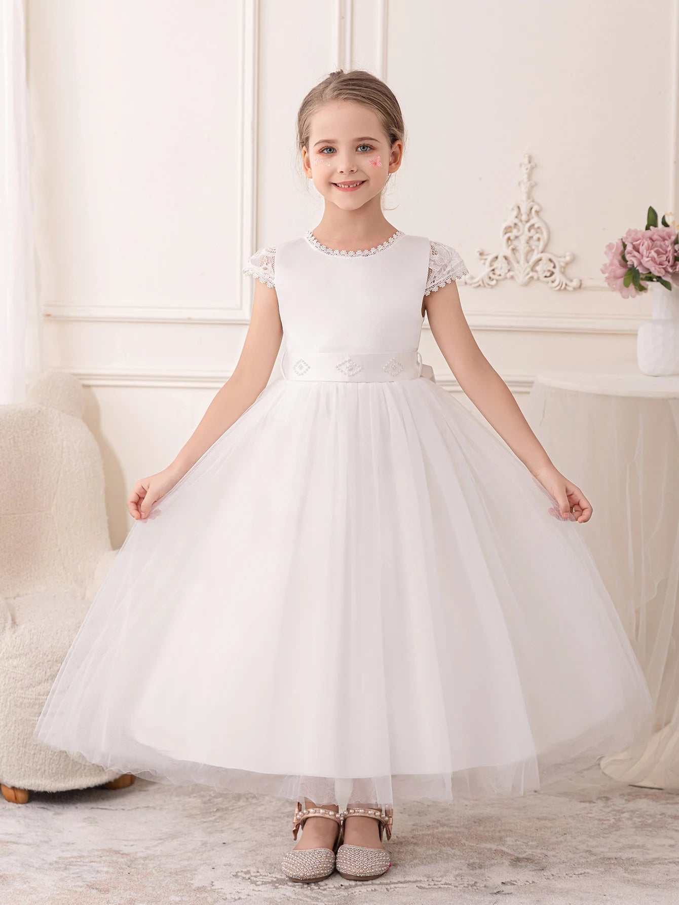 Girls’ Long White Gauze Lace Party Dress
