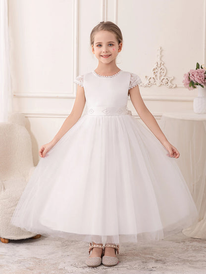 Girls’ Long White Gauze Lace Party Dress