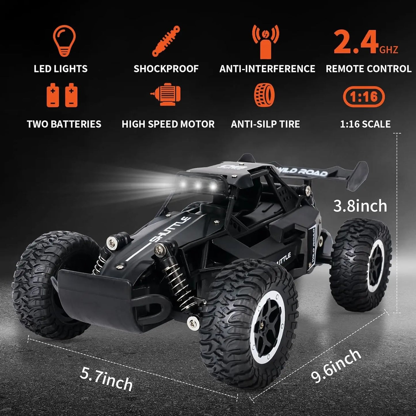 1:16 2WD High-Speed RC Off-Road Car – LED Light Climbing Truck for Kids!