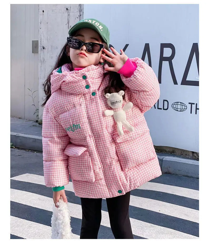 Warm Grid Design Jacket for Girls – Bonus Bear Toy 2025