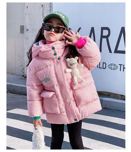 Warm Grid Design Jacket for Girls – Bonus Bear Toy 2025