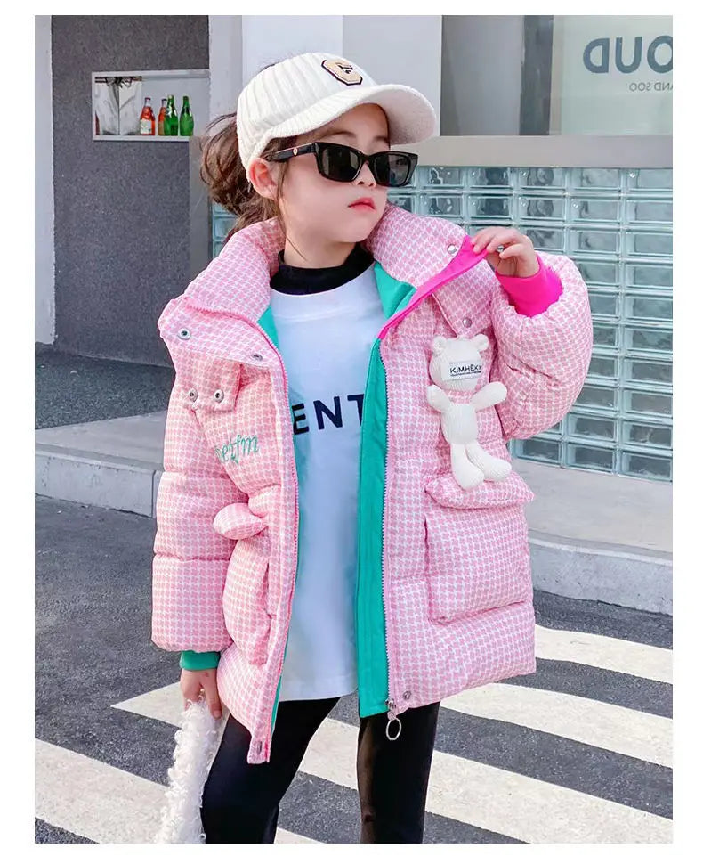 Warm Grid Design Jacket for Girls – Bonus Bear Toy 2025