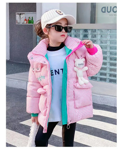 Warm Grid Design Jacket for Girls – Bonus Bear Toy 2025
