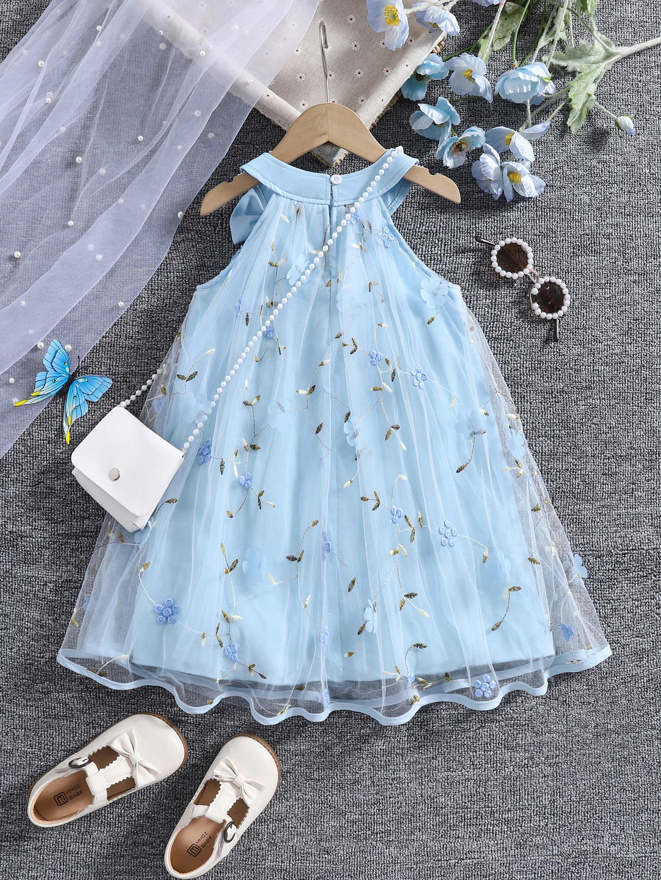 Girls' Summer Halter Dress with 3D Flowers & Bag