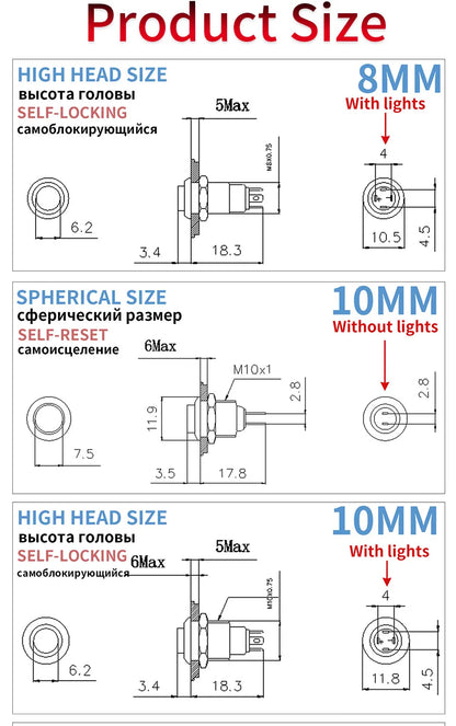 1NO High-Head Waterproof Metal Push Button Switch – LED Light, Self-Locking, 8-16mm