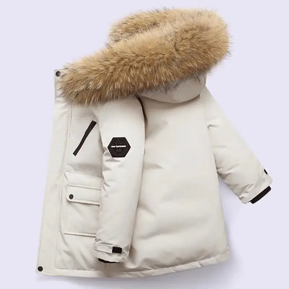 Kids’ Padded Winter Jacket – Thick Fur Collar Hooded Parka, Warm Cotton Coat for Boys & Girls