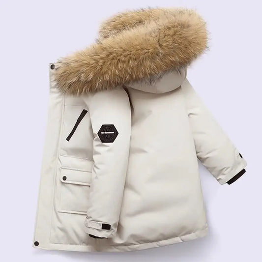 Kids’ Padded Winter Jacket – Thick Fur Collar Hooded Parka, Warm Cotton Coat for Boys & Girls