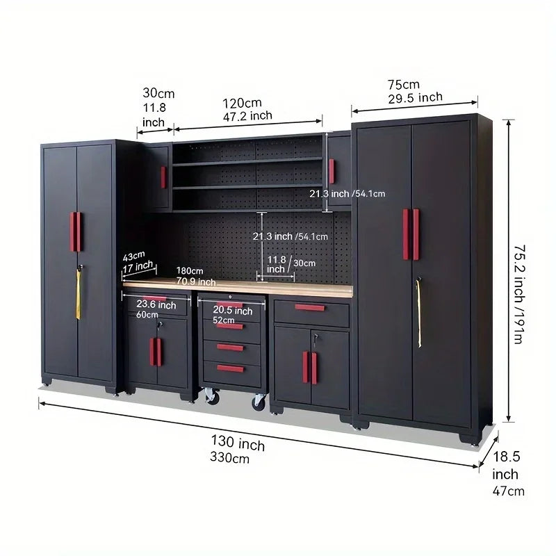 9-Piece Garage Tool Storage Cabinet Set with Pegboard & Wooden Worktop – Ultimate Workshop Organization System