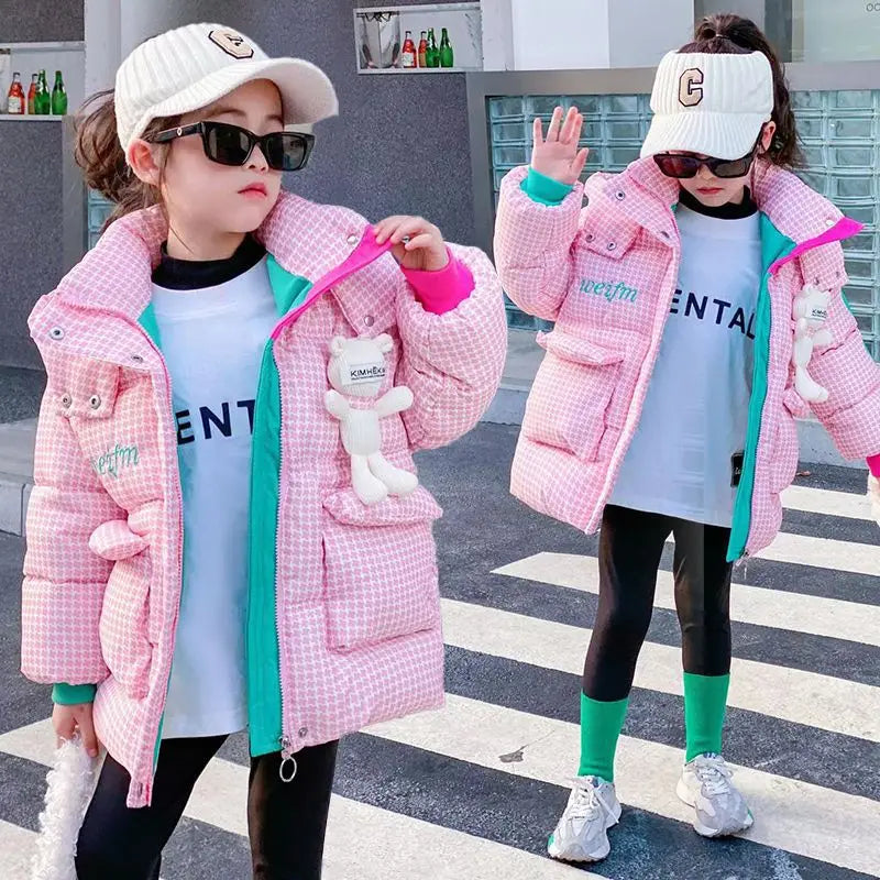 Warm Grid Design Jacket for Girls – Bonus Bear Toy 2025