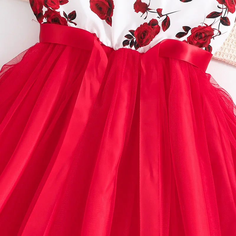 Girls' Floral Tulle Dress with Belt – Ages 8–12