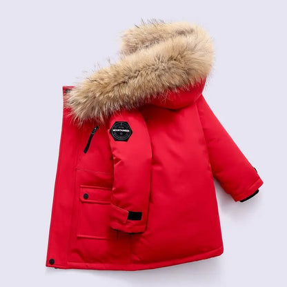 Kids’ Padded Winter Jacket – Thick Fur Collar Hooded Parka, Warm Cotton Coat for Boys & Girls
