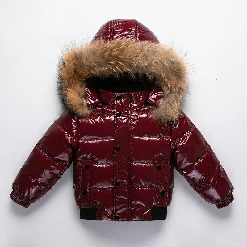Shiny Waterproof Kids' Down Parka – Real Fur Hood
