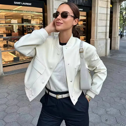 Women's White Cropped Bomber Jacket – Stylish Aviator Coat for Autumn & Winter