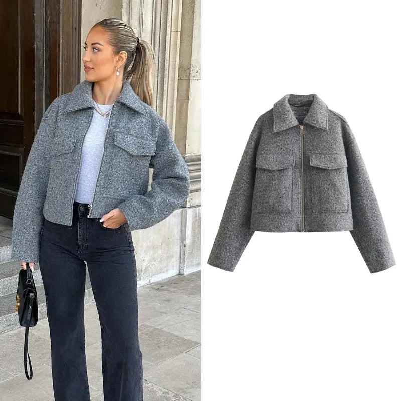 Women's Short Tweed Coat – Zip-Up Crop Style