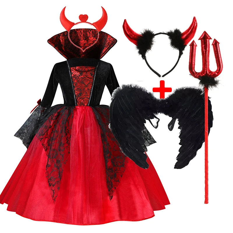 Girls Red & Black Vampire Costume – Halloween Gothic Party Dress