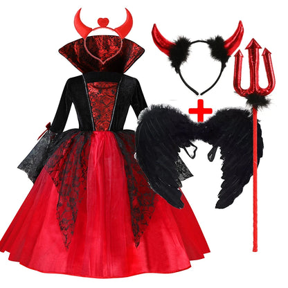 Girls Red & Black Vampire Costume – Halloween Gothic Party Dress