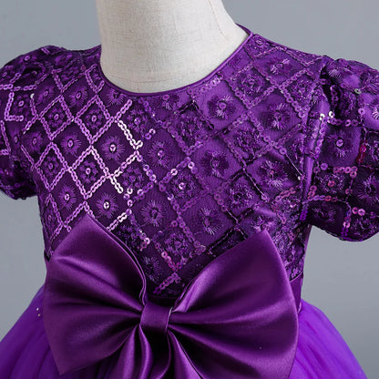 Kids’ Sequin Dress – High-Low Puffy Tutu with Bow Belt