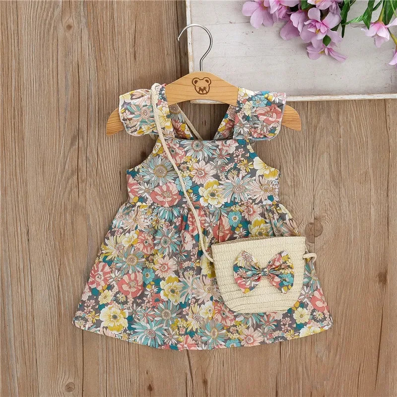 Girls’ Full Print Flower Halter Dress Outfit Set