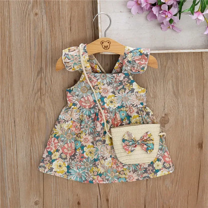 Girls’ Full Print Flower Halter Dress Outfit Set