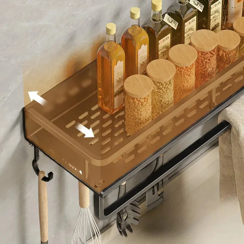 Wall-Mounted Kitchen Shelf & Spice Rack – Storage with Hooks & Towel Bar