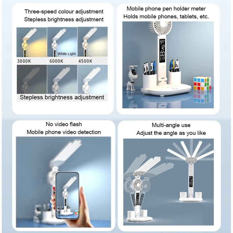 Rechargeable LED Table Lamp: Study Light with Fan & Clock Display