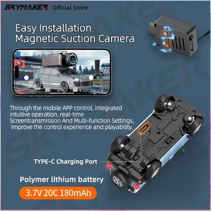 FPV Mini Car Toy – 1:64 RC Camera Car with LED Ambient Lights