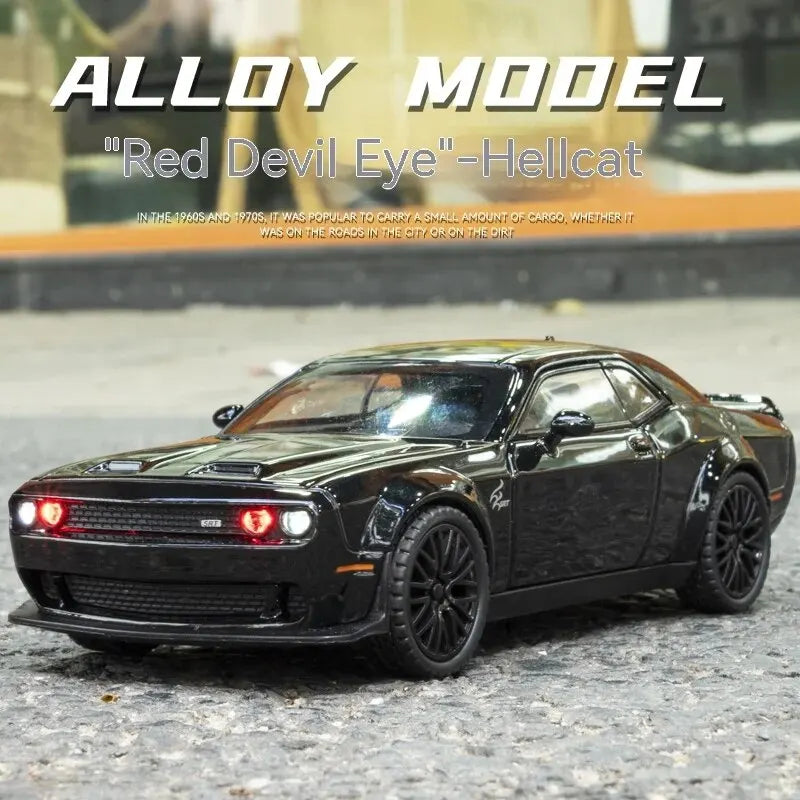 1:32 Dodge Challenger Hellcat Toy Car – Diecast Pull-Back Model with Sound & Light!