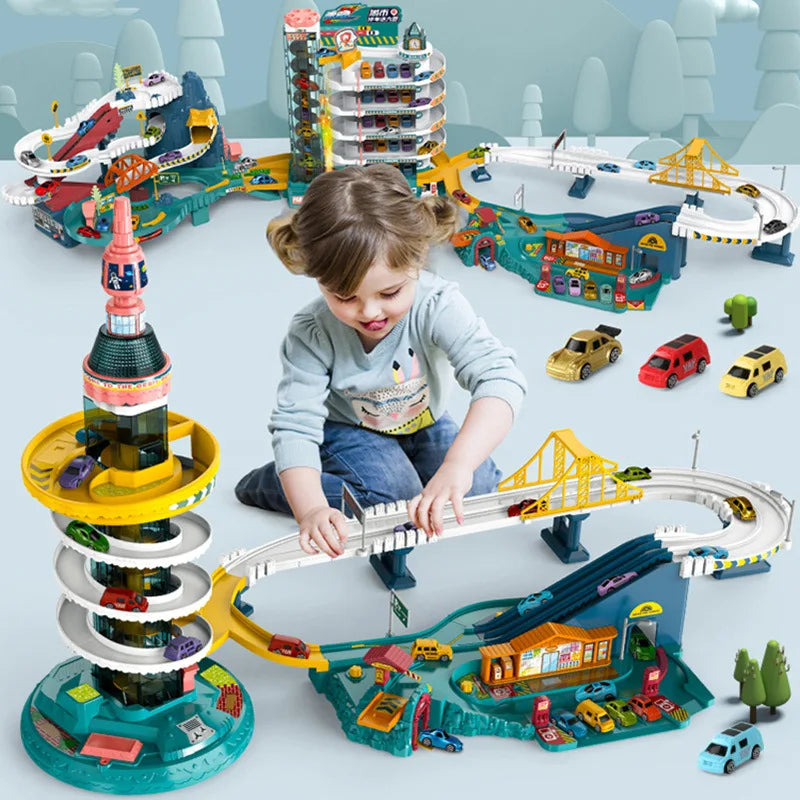 Electric Rail Car Dinosaur Adventure Set – Interactive Racing & Parking Lot for Kids!