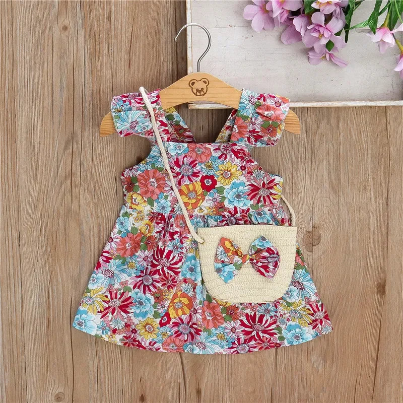 Girls’ Full Print Flower Halter Dress Outfit Set